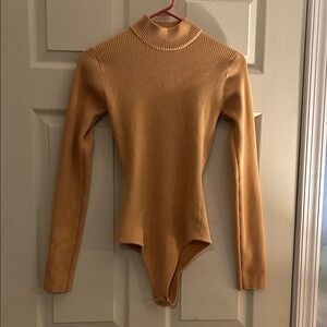 Lulus Ribbed Open-Back Mock Neck Bodysuit in Camel